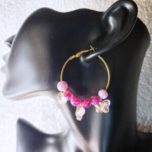 Hoop Earrings with Pink Beads and Butterflies