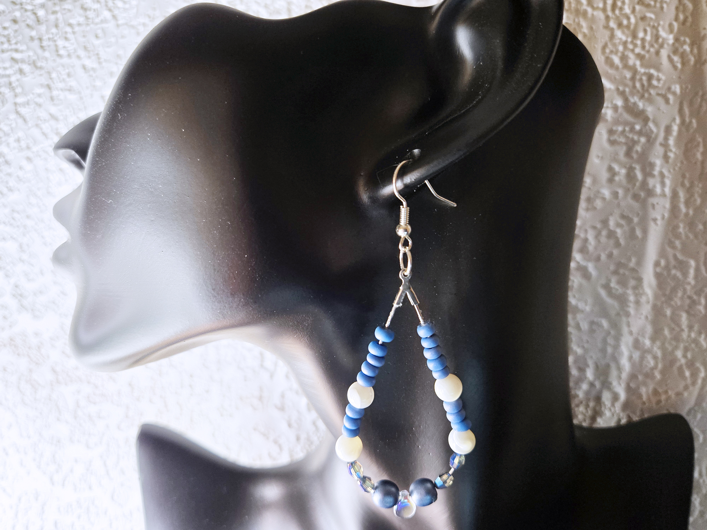 Silvery Teardrop Earrings with Blue and White Beads