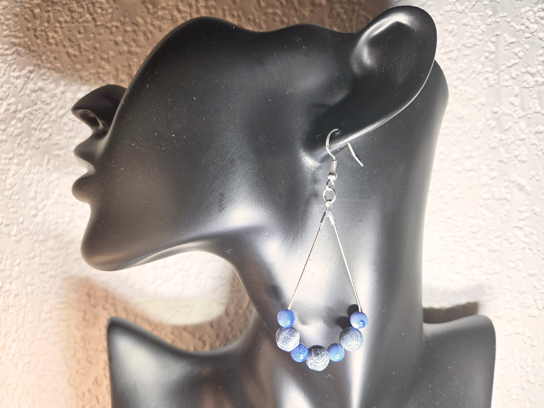 Silvery Teardrop Earrings with Blue and White Beads